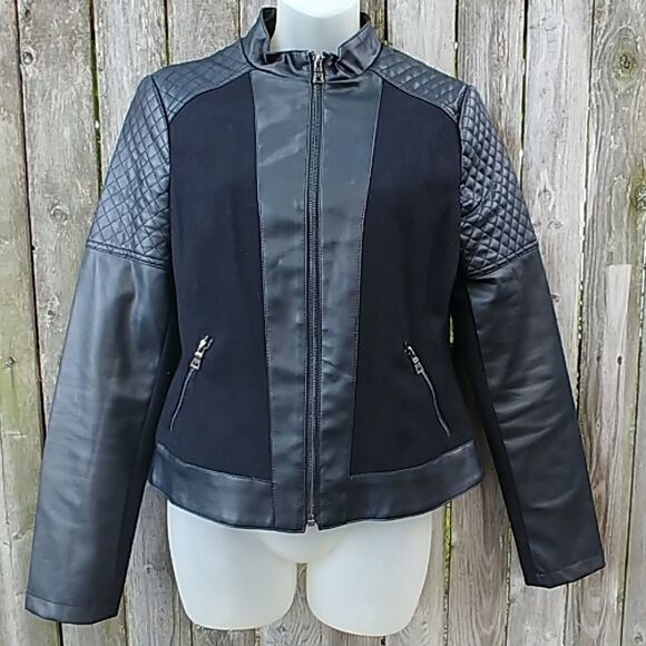 Black Wool & Vinyl Quilted Cafe Motorcycle Jacket - Picture 1 of 4